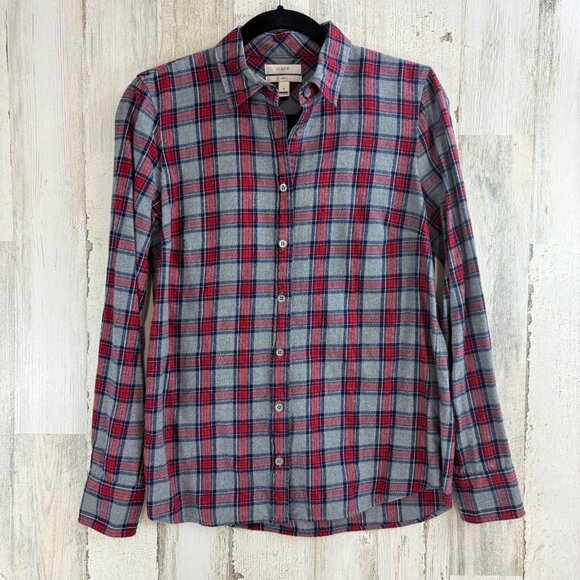 J. Crew Tops - J Crew Boy Fit Plaid Flannel Button Down Shirt Gray Red Size 6